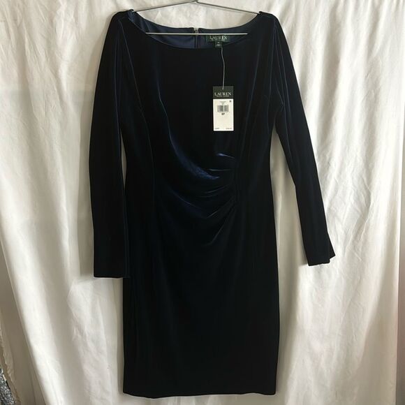 Lauren Ralph Lauren Navy Blue Velvet Dress Size 8P - Picture 3 of 7